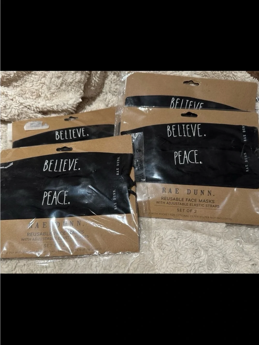 RAE DUNN 4 Packages Stitched Believe & Peace Reusable Fabric Black Masks NEW!